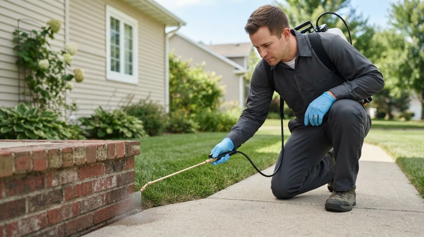 Pest control technician treating a home near Bylas, AZ